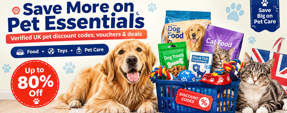 Dog and cat with pet supplies and discount vouchers for UK pet shop savings