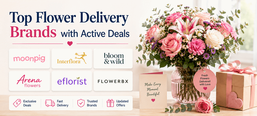 Flower delivery with voucher codes, discounts and free delivery offers.