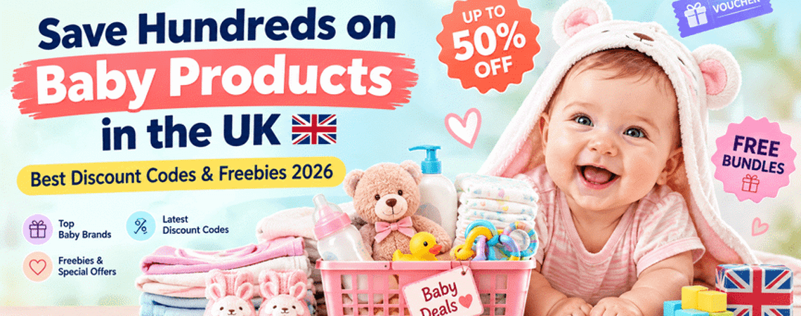 Baby surrounded by shopping vouchers, discount badges and price tags for UK baby products
