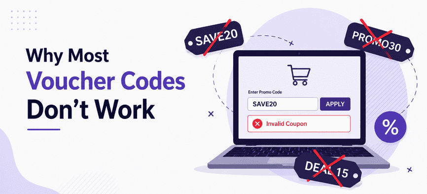 Invalid voucher code at checkout with rejected promo codes and online shopping cart.